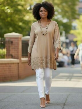 Chico's Faux SuedeTan V-neck Tunic Cutout Detail Women's Size 3 16-18